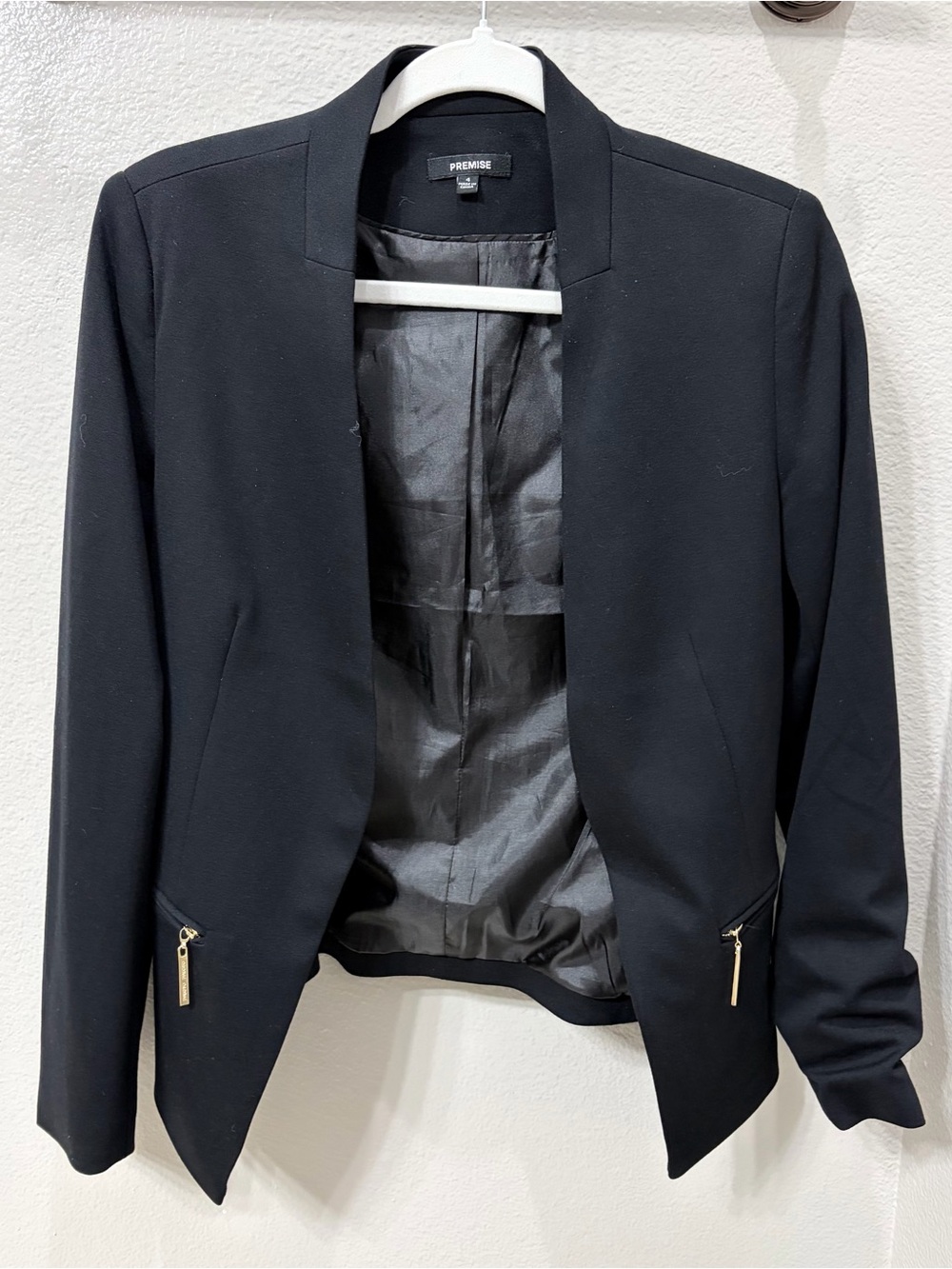 Premise Black Open-Front Blazer with Gold Zipper Accents